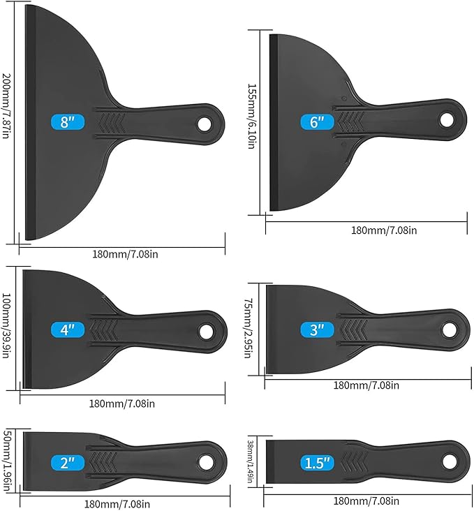 6-Pack Plastic Putty Knife Set, Non-Scratch Scraper & Spackle Spreader with Comfort Grip for Wall Repair, Patching, and Easy Clean up