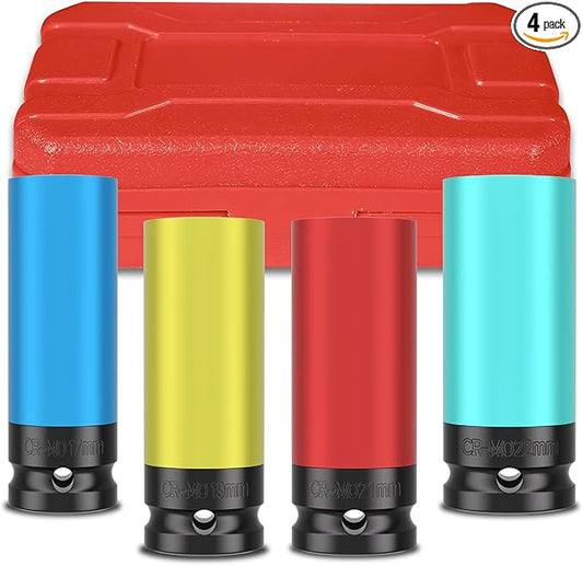 4PCS 1/2" Drive Wheel Protector Impact Socket, Non-Marring Lug Nut Deep Socket Set, CR-MO, 6 Point, Color-Coded Protective Socket | Metric 17 19 21 22 mm