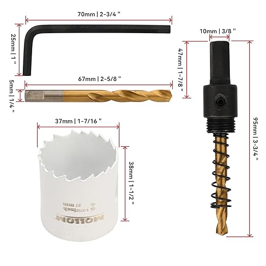 Mollom (37mm | 1-7/16") HSS M42 with 8% Cobalt BI-Metal Hole Saw with 2 Pilot Drill Bits & Arbor Smooth Cutting for PVC,Drywall,Wood,Plastic,Gypsum Board,Rubber