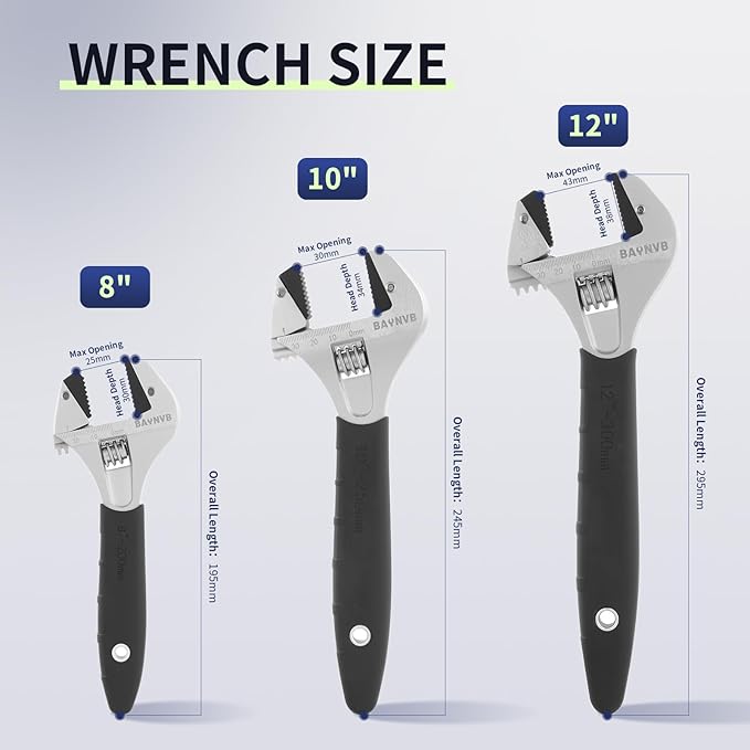 BAUNVB 10 inch Adjustable Wrench with Serrated Self-tightening Jaw, 30mm Wide Jaw Opening Wrench for Plumbing, Automotive, Industrial