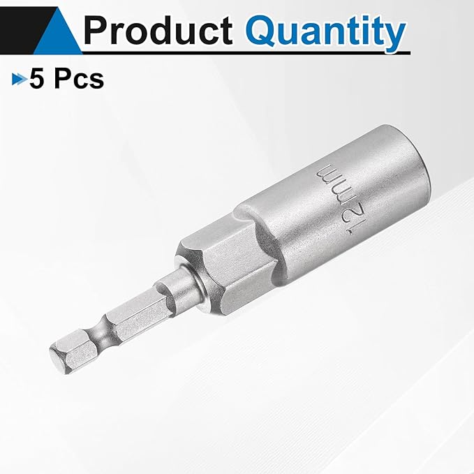 HARFINGTON 5pcs Nut Driver Drill Bit 12mm Metric Socket 1/4" Hex Shank 3.15" (80mm) Long 6-Point Sockets Quick Change CR-V Steel Bolt Setters for Power Drill Drivers