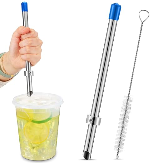 Lasnten 1 Pack Straw Puncher for Plastic Lids Lemonade Cups, Stainless Steel Straw Hole Puncher Punching Tools for Cafe Drinks Deli Container Fresh Squeezed Lemonade Stand Supplies(8.7 Inch,Blue)