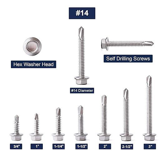 #14 x 1-1/2" Sheet Metal Screws 100PCS 410 Stainless Steel Hex Washer Head Fast Self Tapping Screws by SG TZH