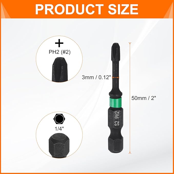 HARFINGTON 3pcs #2 Impact Phillips Screwdriver Bit PH2 1/4" Hex Shank 2" (50mm) Long 0.12" Rod Magnetic Cross Head Drill Bits S2 Steel Industrial Screw Driver for Impact Power Drivers