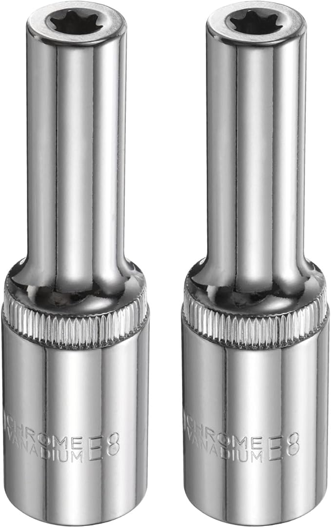 HARFINGTON 2pcs E-Torx Socket 1/2" Drive E8 Star Female Socket 3.1" Length External Torx Deep Sleeve Chrome Plating 6 Point Spline Sleeve for Auto Repairs Home Maintenance