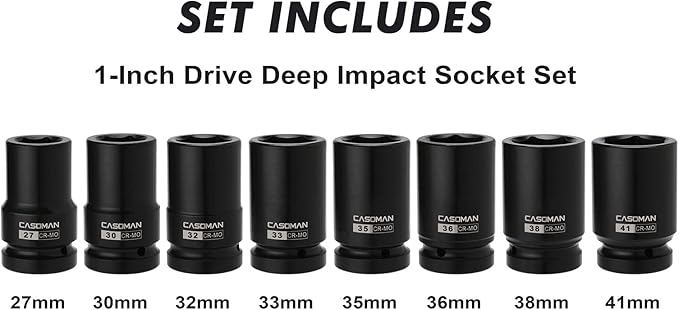 CASOMAN 8 Pieces 1-Inch Drive Deep Impact Socket Set, CR-MO, Metric, 6-Point, Heavy Duty Wheel Impact Socket Set