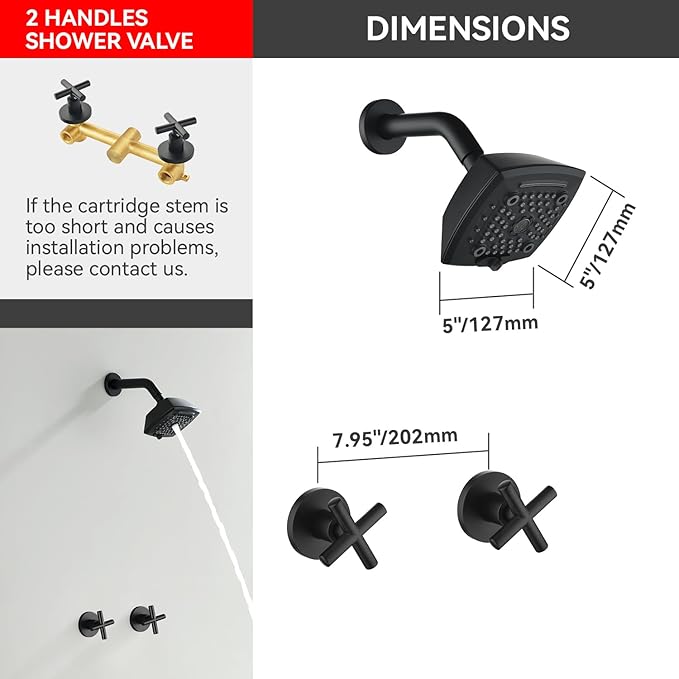 2 Handle Shower Faucet Set 6-Spray Shower Head and Handle Set Shower Trim Kit with Rough-in Valve Bathroom Shower Faucet Valve Trim Kit Matte Black