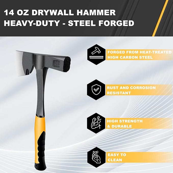 Drywall Hammer with Milled Face, 14 oz Wall Board Tool | Lightweight Hammer and Axe Combo Onepiece Steel Hammer Axes (Yellow)