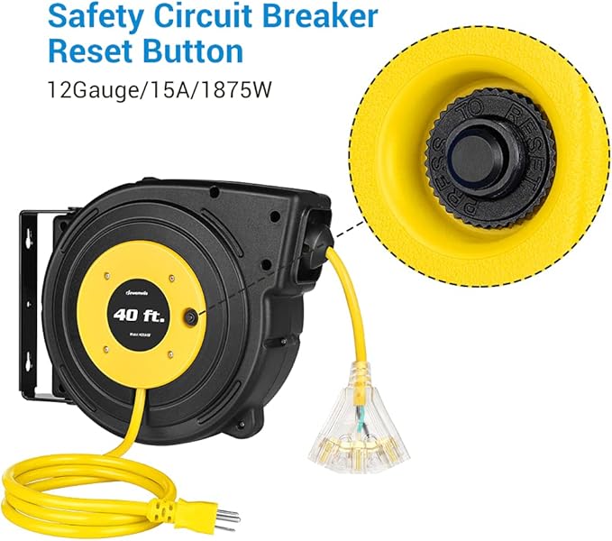 DEWENWILS 40FT Retractable Extension Cord Reel, Heavy Duty Power Cord Reel with 3-Lighted Triple Outlets, 12AWG/3C SJTOW Cord, 15A Circuit Breaker, Wall/Ceiling Mounted, UL Listed, Yellow