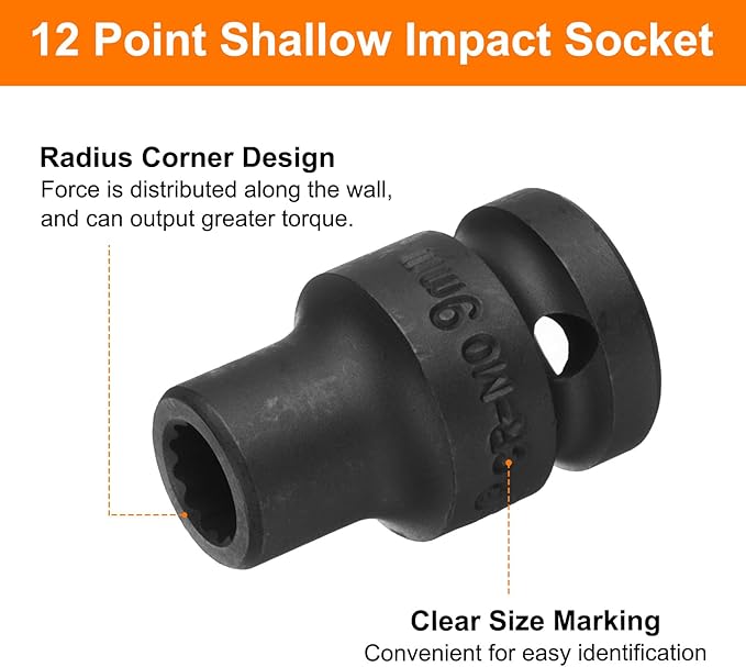 uxcell 1/2" Drive x 9mm Shallow Impact Socket 12-Point Metric CR-MO Steel Nut Impact Grade Socket for Auto Repair