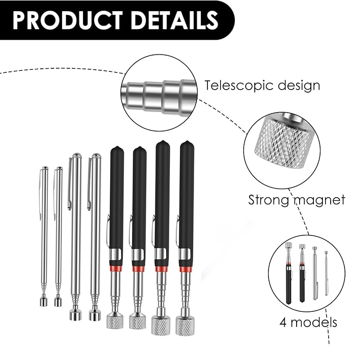 8Pcs Telescoping Magnetic Pickup Tool 1.5LB 3LB 10LB 15LB Extendable Magnet Stick Set Grabber Tools Stainless Steel Portable Bolt Screws Reacher Magnetic Nail Picker for Men Husband Birthday Christmas