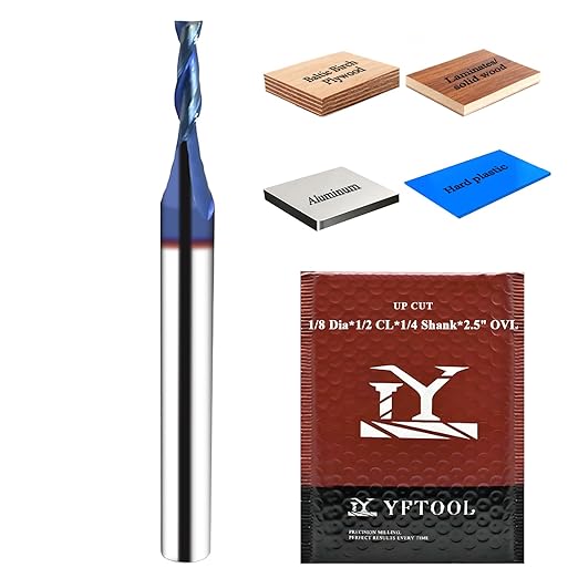 1/8 Dia End Mill Spiral Upcut Router Bit with 1/4 Shank Nano Blue Coating 2 Flute Up Cut Router Bit for Wood MDF Aluminum Carving Engraving Solid Carbide CNC Endmill 1/2 CL, 2-1/2 OVL