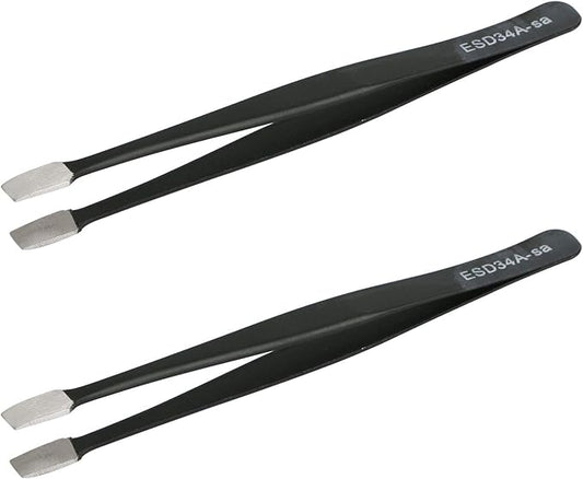Aoje-Link ESD-34a Professional Anti-Static Precision Technology Tweezers, Non-magnetic Flat Straight, Stainless Steel Plastic Coated, Full Length 120mm, Black, 2pcs