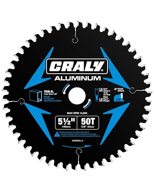CRALY 5-1/2 Inch 50 Teeth Aluminum and Non-Ferrous Metal Cutting Circular Saw Blade, 5/8 Inch Arbor, Carbide Tipped, Thin Kerf, Black Ice™ Coating, for Thin Aluminum, Plastic, Composite(C05550AL-C)
