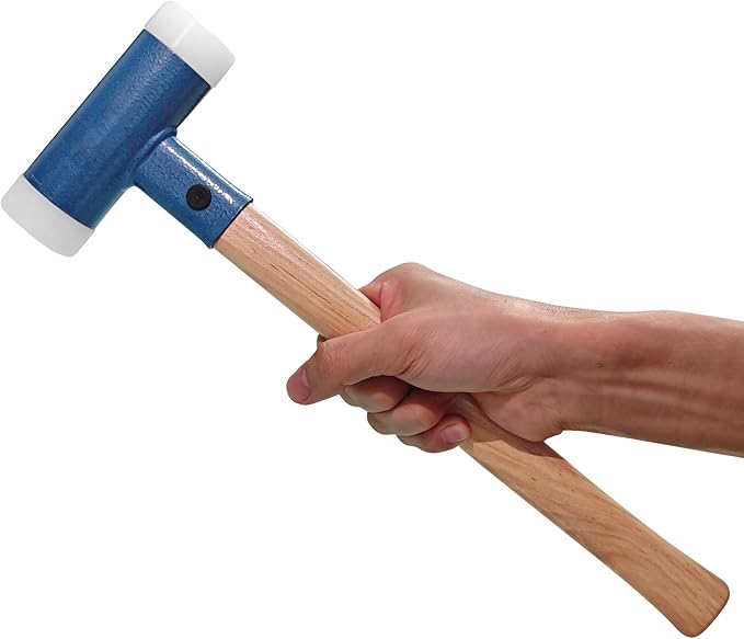 Dead Blow Nylon Hammer with Walnut Handle, Non-Marring Dual-Face Mallet with Steel Shot Core for Tile & Flooring Installation, Metalworking, Mechanical Repair and Assembly Tasks (Blue)