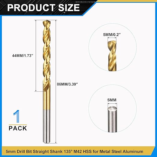 PATIKIL 5mm Drill Bit, M42 8% Cobalt High-Speed Steel Jobber Straight Shank 135° Titanium Nitride (TiN) Coated for Hard Metal Stainless Steel - 1 Pack
