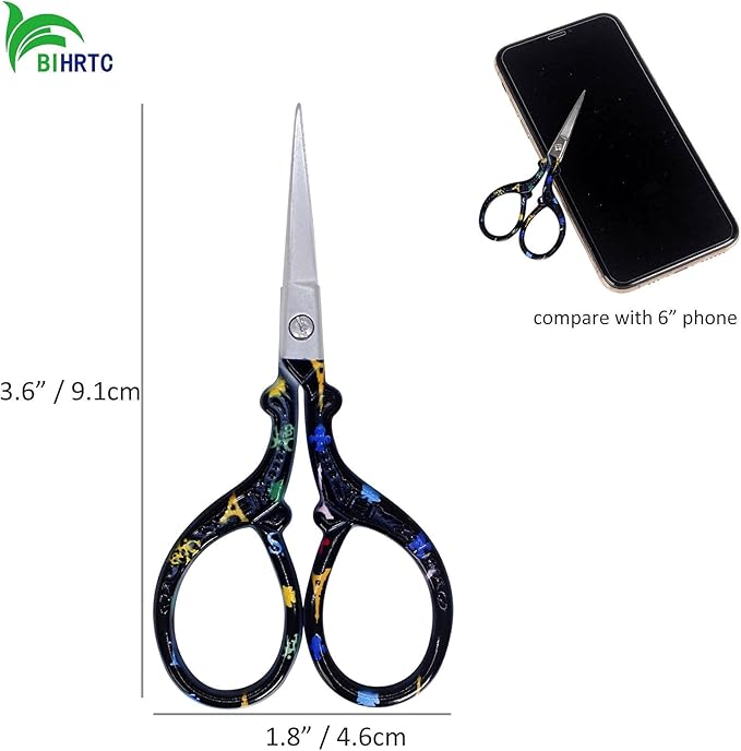 BIHRTC 3.6 Inch Small Craft Scissors - Straight, Sharp Stainless Steel Scissors for Embroidery, Needlework, Office, Craft, Household, Needlepoint - Black Tower