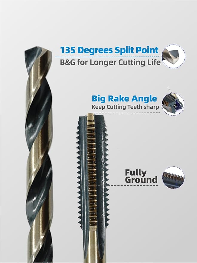HIGHFIRE 18pcs SAE Drill and Tap Set with 1 Piece T-Handle Ratchet Tap Wrench Capacity Range #0-1/4", Black and Gold Premium HSS Jobber Length Drill Bits and Hand Plug Taps with Metal Indexed Box
