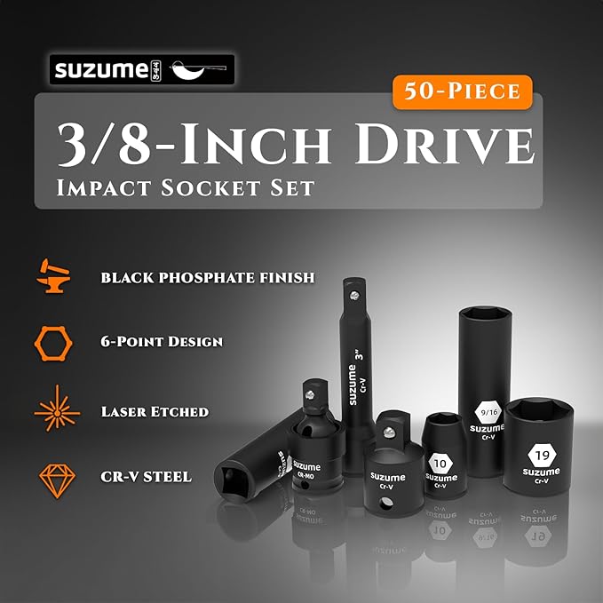 SUZUME 3/8 Impact Socket Set, Cr-V Steel, 6 Point, 3/8" Drive, 50-Piece Standard Metric (8-22mm) and SAE (5/16-Inch to 3/4-Inch) Sockets with Adapters & Ratchet Handle, Extension Bars, Universal Joint