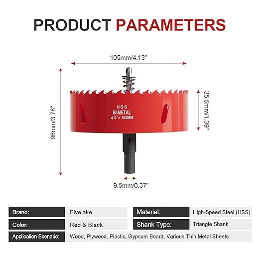 4-1/8" (105mm) Bi-Metal M42 High Speed Steel Hole Saw with Pilot Drill Bit, Smooth Cutting Edge for PVC, Drywall, Wood, Plastic, Gypsum Board, Rubber, Thin Metal
