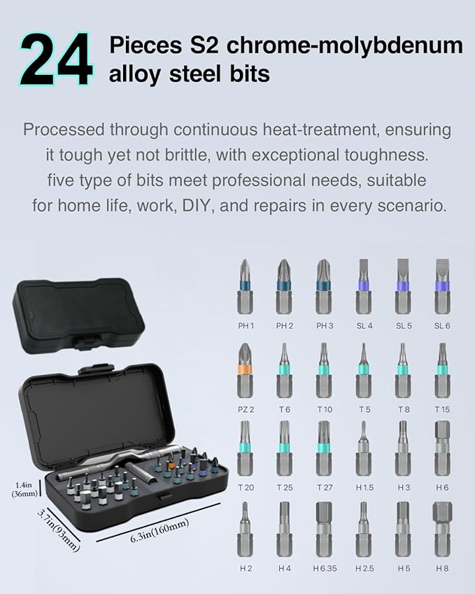 Upgraded Allen, Torx & Slotted Ratchet Screwdriver Set with Size-Marked Magnetic Bits | Easy to Identify and Store, Multi-Bit T-Handle Driver Kit for DIY & Home Repair, 24-in-1