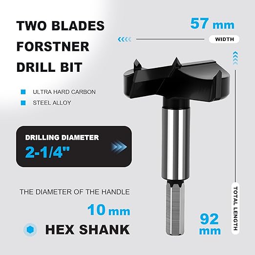 2-1/4 Inch Forstner Drill Bit Carbide Tipped,Woodworking Hinge Cutter for Precise Flat Bottom Holes in Hard Wood,Plywood,Plastic - Professional Grade