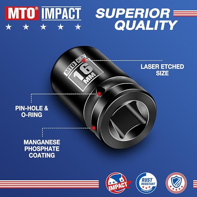 MTO 1/2" Drive 16mm Shallow Impact Socket, 6-Point Metric Socket for Automotive Maintaince, CR-V Steel Meets ANSI Standards