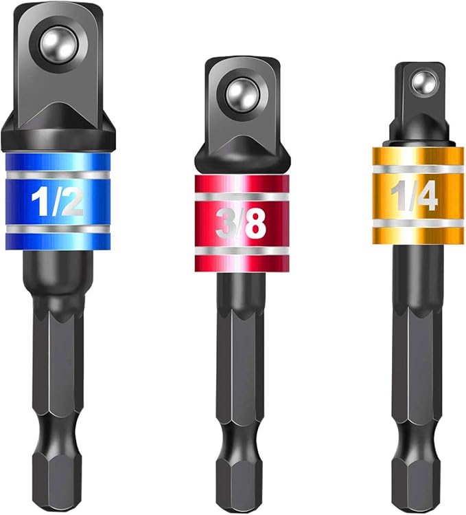 Socket Adapter Set, 1/4-Inch Hex Shank to 1/4, 3/8, 1/2-Inch Square Drive, 3-Piece Impact Grade Drill Bit Holders, Black