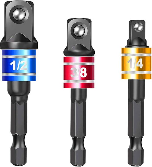 Socket Adapter Set, 1/4-Inch Hex Shank to 1/4, 3/8, 1/2-Inch Square Drive, 3-Piece Impact Grade Drill Bit Holders, Black