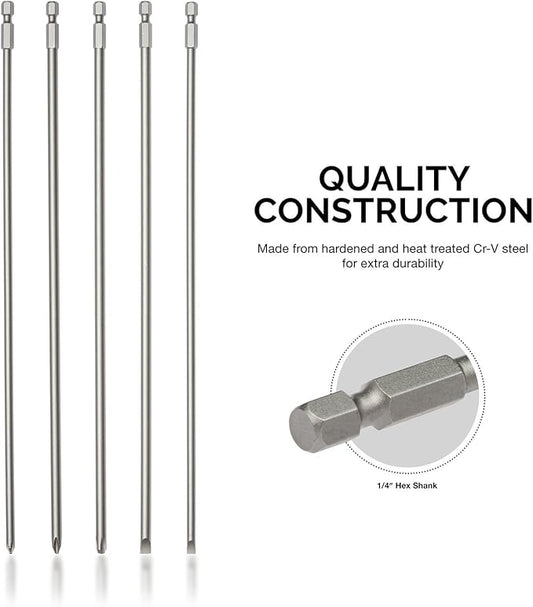 NEIKO 10043A Extra Long Bit Set | 5-Piece | Cr-V Steel | 12-Inch Length Phillips and Slotted Screwdriver Bits |1/4-Inch Hex Shank | Power Driver Bit Set
