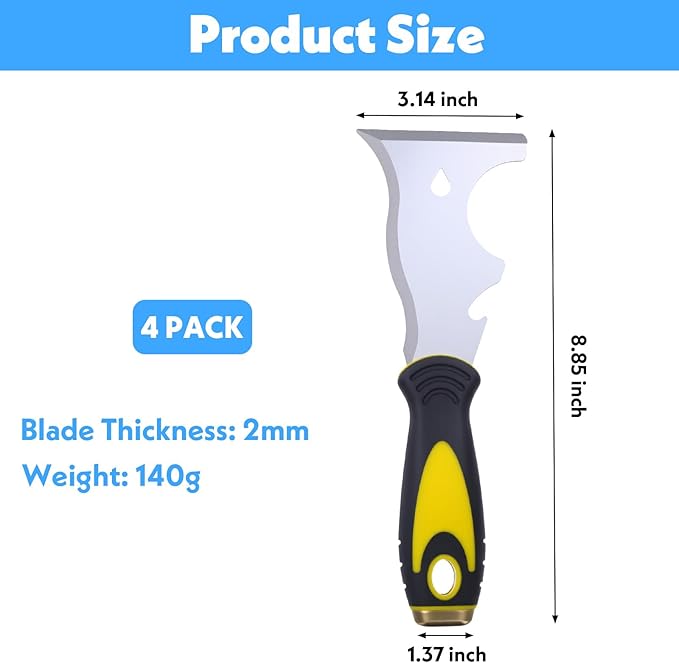 4 Pack Paint Scraper, Multi Use Paint Tools Putty Knife 10 in 1, Paints Scraper Tools for Painting, Metal Scrapers with Hammer End, Taping Knife, Spackle Tool