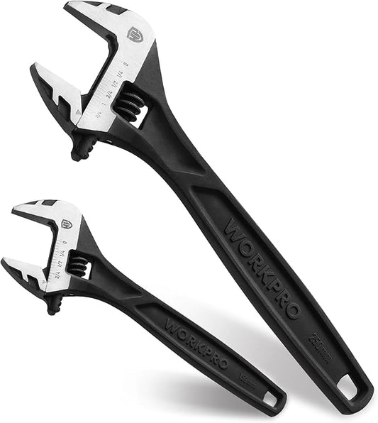WORKPRO 2-piece Adjustable Wrench Set, 6-Inch & 10-Inch Wrenches, Cr-V Steel, Wide Jaw Wrench with Metric & SAE Scale, good for Home, Garage, Workshop
