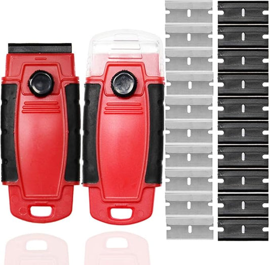 Plastic Razor Blade Scraper Hand Held Window Vinyl Tint Scraper with Protective Cover Razor Blade Red Scraper,10 Metal Razor Blades 10 Black Plastic Scraper Blades Removal Scraping Tool Kit
