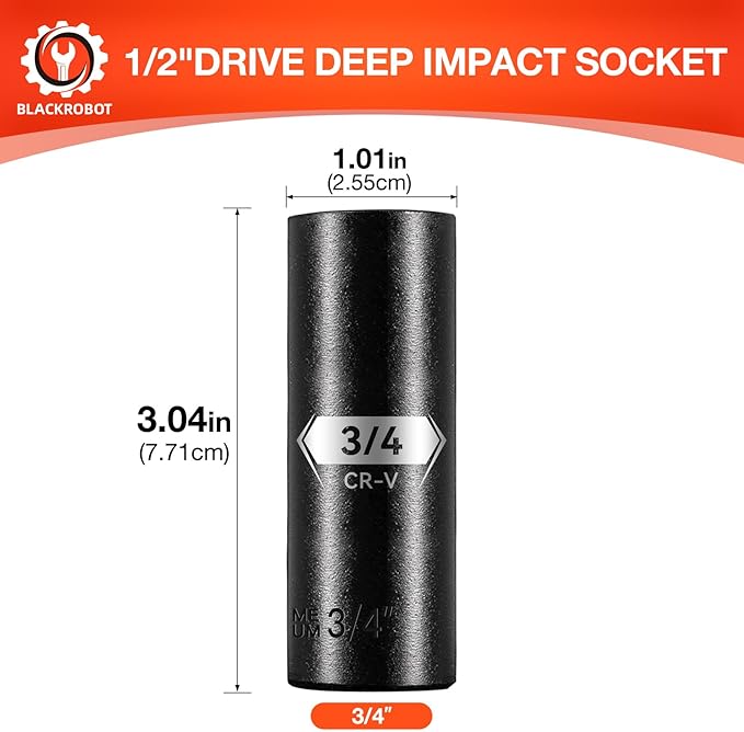 1/2 Inch Drive 6-Point Deep Socket, 3/4 Inch Deep Impact Socket, CR-V Steel