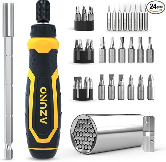 AZUNO 24 IN 1 Ratchet Screwdriver Set with Universal Socket, 20 CRV Bits Stored in Handle, 12+8 Slotted/Philips/Torx/Hex/Square Sand Blasted Bits and Chrome Plated Precision bits.