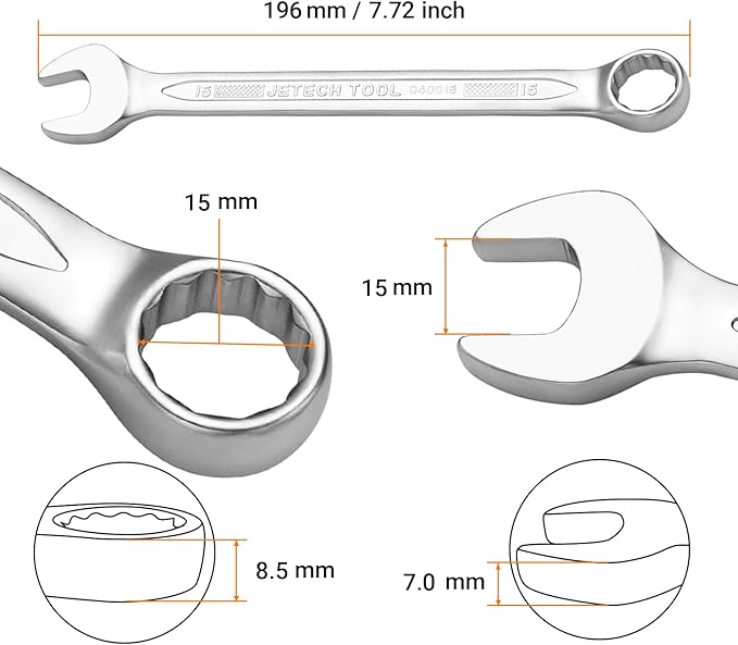 Jetech 15mm Combination Wrench - Industrial Grade Spanners with 12-Point Design, 15-Degree Offset, Made with Durable Chrome Vanadium