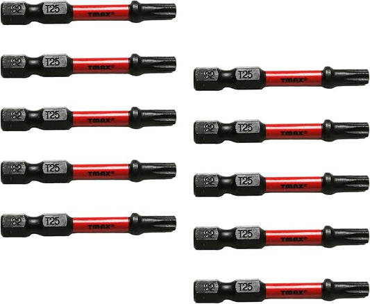 25 pc T25 Torx Star 6 Point T-25 Black High Torque Impact Screwdriver Insert Bits Set S2 Steel Torsion Resistant, 2 Inch Long, 1/4 Inch Hex Shank with Quick Release Slot