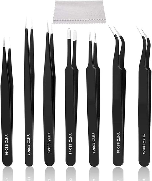 YHYZ 7pcs Precision Tweezers Set, Premium Anti-Static Stainless Steel ESD Tweezers Set Kit for Electronics, Sodlering，Jewelry, Craft, Laboratory Work, DIY(7PCS, Version)