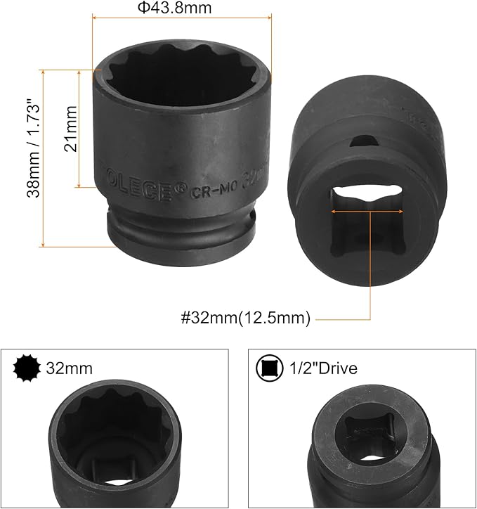 uxcell 1/2" Drive x 32mm Shallow Impact Socket 12-Point Metric CR-MO Steel Nut Impact Grade Socket for Auto Repair