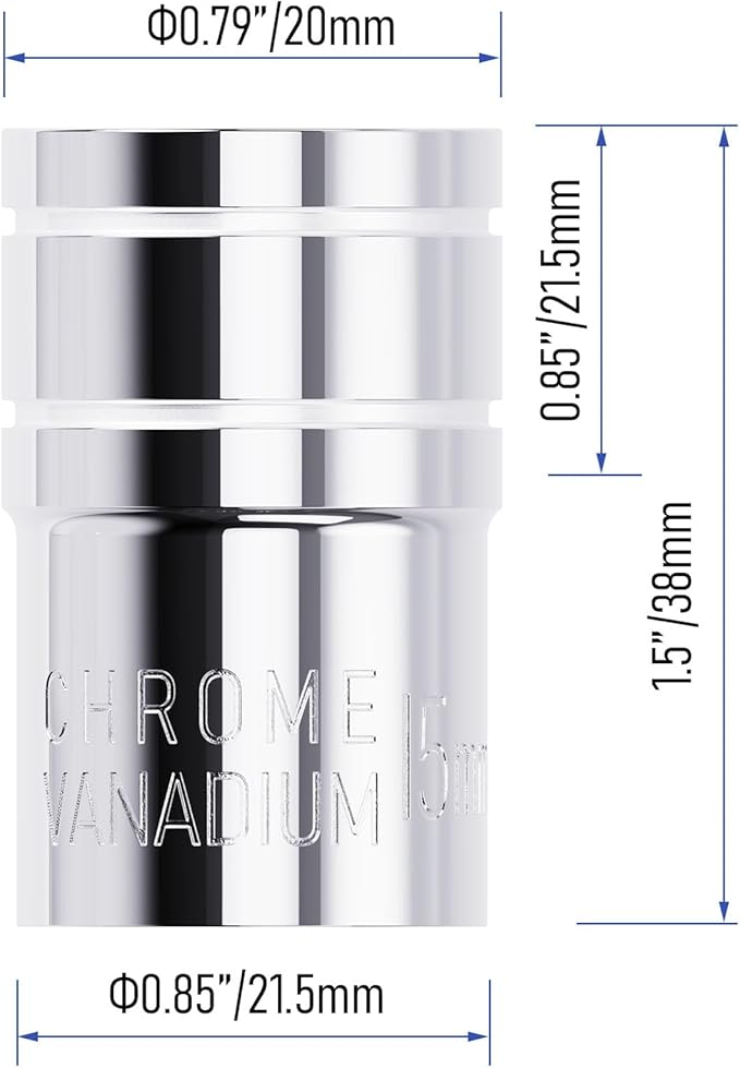 15mm Shallow Socket, 1/2 Inch Drive, 6-Point, Metric, Heat Treated CR-V Steel Short Sockets, Full Polishing, 1.5 Inch Length