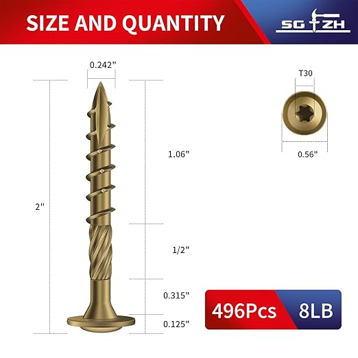 #14 x 2 Inch Lag Screws (496Pcs) 8lb. Structural Wood Screw, Bronze, Carbon Steel, Washer Head, Rust Resistant epoxy Coated, T30 Star Bit