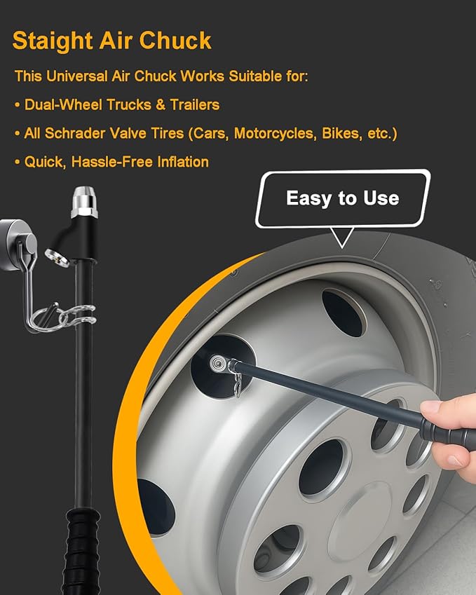 GODESON 15" Extended Reach Dual Head Air Chuck, 1/4" NPT Tire Inflator Nozzle with Quick Plug ??Heavy Duty Air Compressor Chuck Kit for Semi, Truck, RV, Dually Tires, Close Flow Tire Chucks