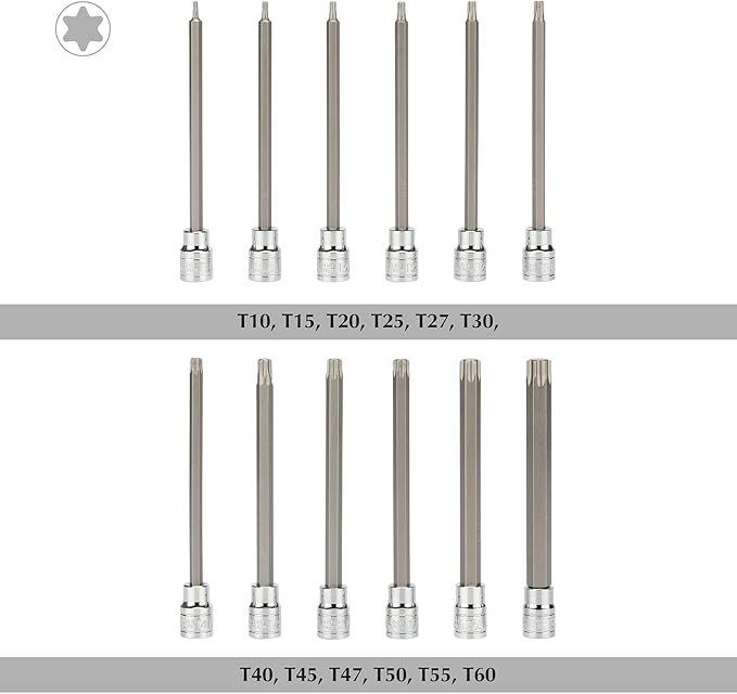 EMENTOL 12PCS 3/8" Drive Extra Long Torx Bit Socket Set, CR-V, S2 Steel, 5.9" Length Star Bit Socket Set, T10 - T60