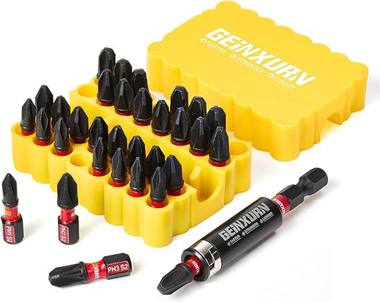 Impact Phillips Screwdriver Bits Set, 33 Pieces 1?쒶agnetic(PH1/PH2/PH3) S2 Steel Multi Cross Driver Bits and 1 Pc Bit Holder with Yellow Soft Base