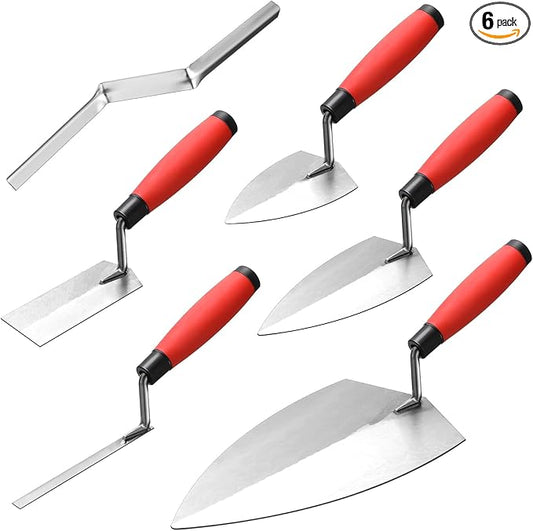 Lasnten 6 PCS Masonry Hand Tool Set 11" x 5-1/2" Philadelphia Brick Trowel 2 Pointing Trowel 5 x 2'' Margin 1/2" Tuck 5/8'' x 1/2'' Convex Brick Jointer Soft Grip Handle Concrete Towel Tool Finishing