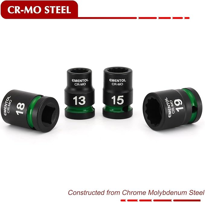 EMENTOL 1/2" Drive Impact Socket Set, Shallow Sockets, 26 Pieces, Metric (10-36mm), 12 Point, CR-MO, Stamped and Ink Filled