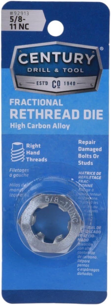 Century Drill & Tool 92913, 5/8-11 NC, National Coarse Fractional Right Hand Rethreading Die, High Carbon Steel, Fix Damaged Bolts or Studs