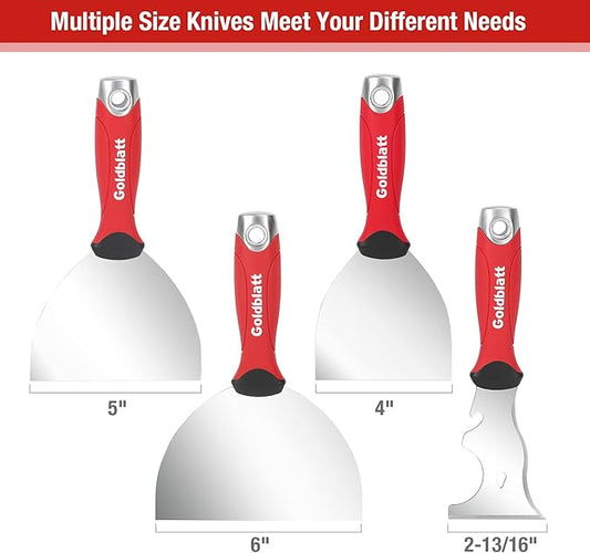 Goldblatt 4-piece Stainless Steel Joint Knife Set, 3-piece 4'', 5'', 6'' Putty Knives and 9-in-1 Multi-Tool Painter Scraper, Soft Handle with Hammer End, for Drywall