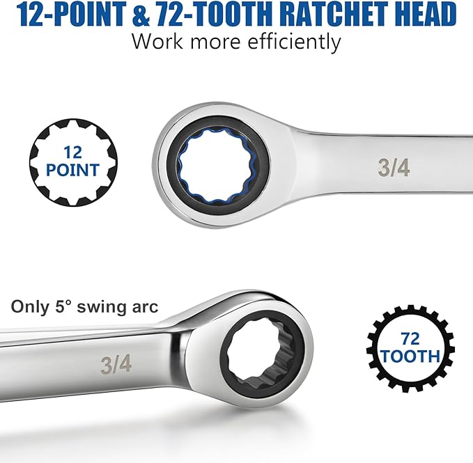 XJX Ratcheting Wrench Set, 24-Piece Combination Wrench Set, SAE & Metric 1/4" to 7/8" & 8-19mm Combination Wrenches 72-Tooth CR-V Wrenches with Roll Up Pouch