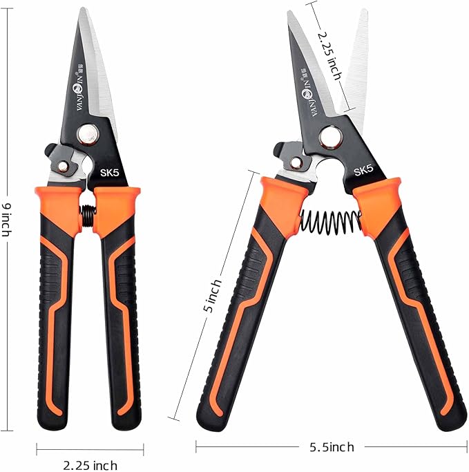 Heavy Duty Scissors, 9 Inch Multipurpose Carpet Cutting Scissors with Finely Serrated, Steel Shears Spring Loaded Snips for industry home for Copper Wire, Cardboard, Fabric, Tree Branches